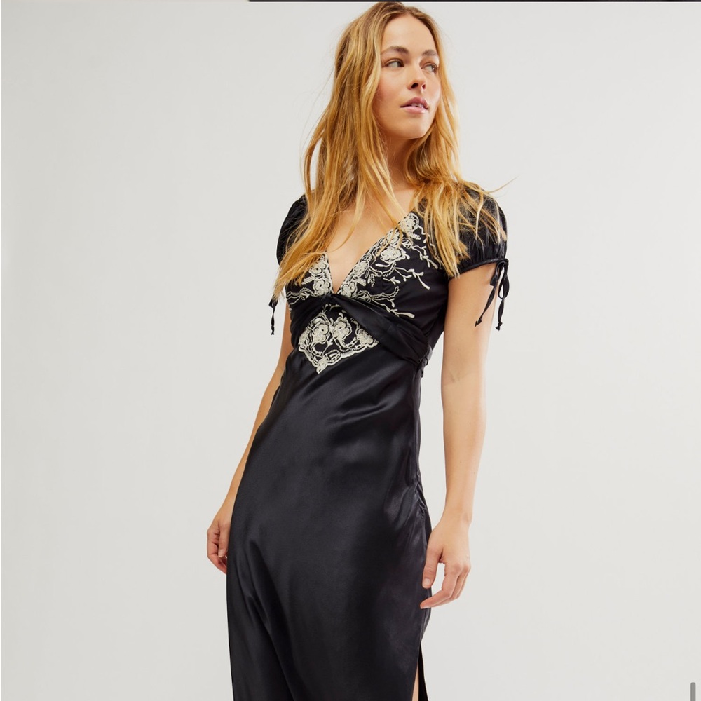 Free People Black Midi Dress with Cream Embroidery